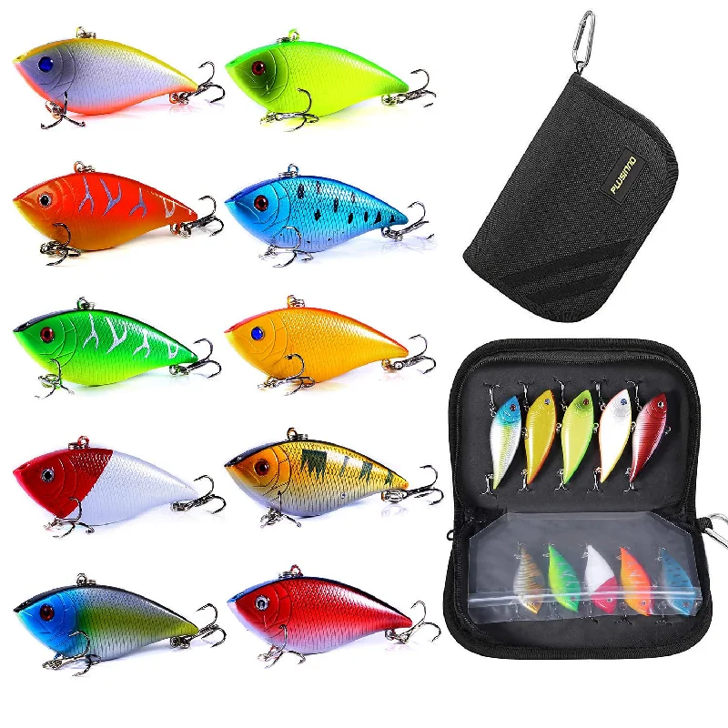 automatic fishing rod holders PLUSINNO 10pcs VIB Fishing Lures with Portable Carry Bag